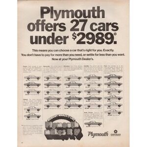 Plymouth Offers 27 Cars Under 2989‎ Vintage Detroit Automobile Print Ad 1971